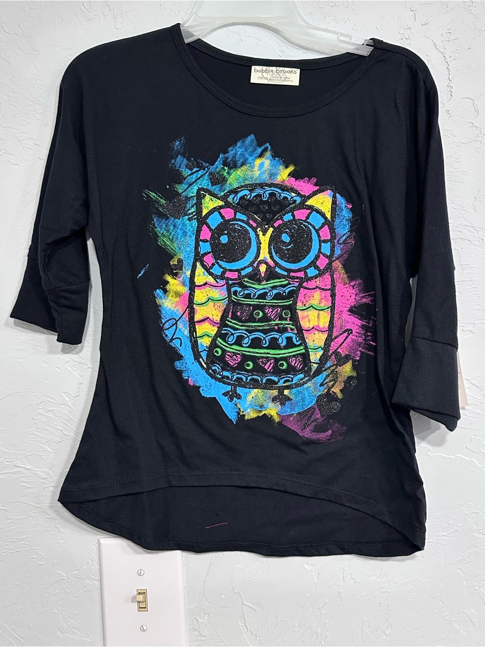 Bobbie Brooks Black 3/4 Sleeve Tee with Neon Owl Graphic